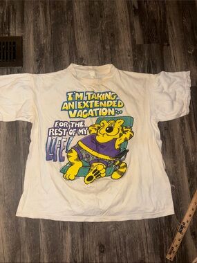 Vintage 1980s Lazy Cat Vacation Cartoon T-Shirt Large Single stitch